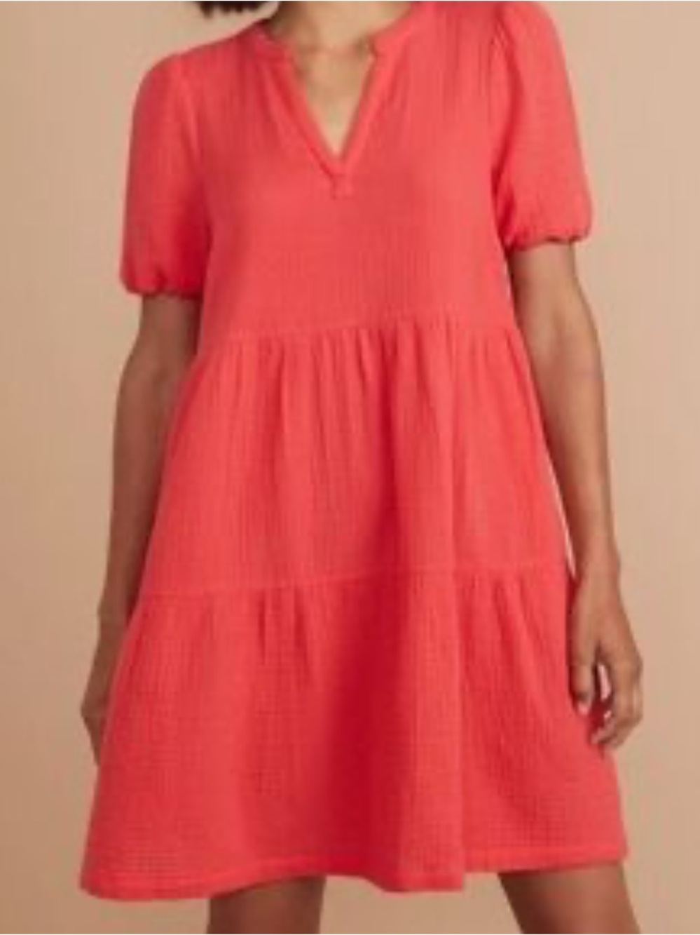 Bright Coral V-Neck Ruffle Hem Dress. Sz Lg. - Picture 2 of 7